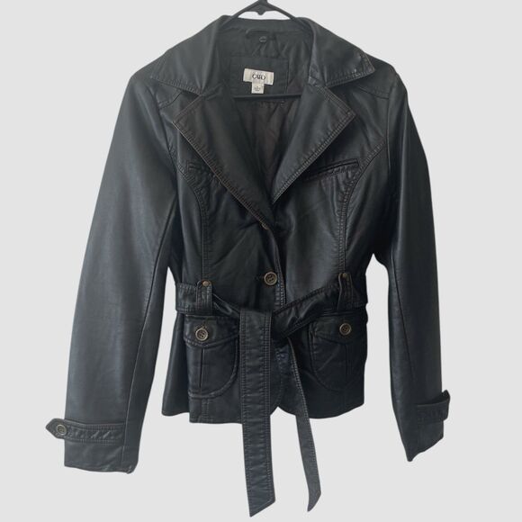 Cato Jackets & Blazers - Cato Black Brown Belted Faux Leather Jacket Women's Small Button Lined Tie Belt